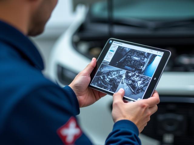 Digital vehicle inspection process showing photos and videos on tablet