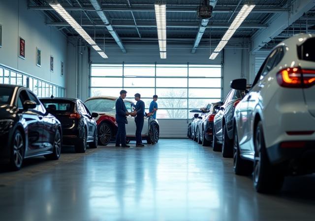 Technicians working in a modern, clean automotive service bay at Robbie's Automotive Service Center in Augusta